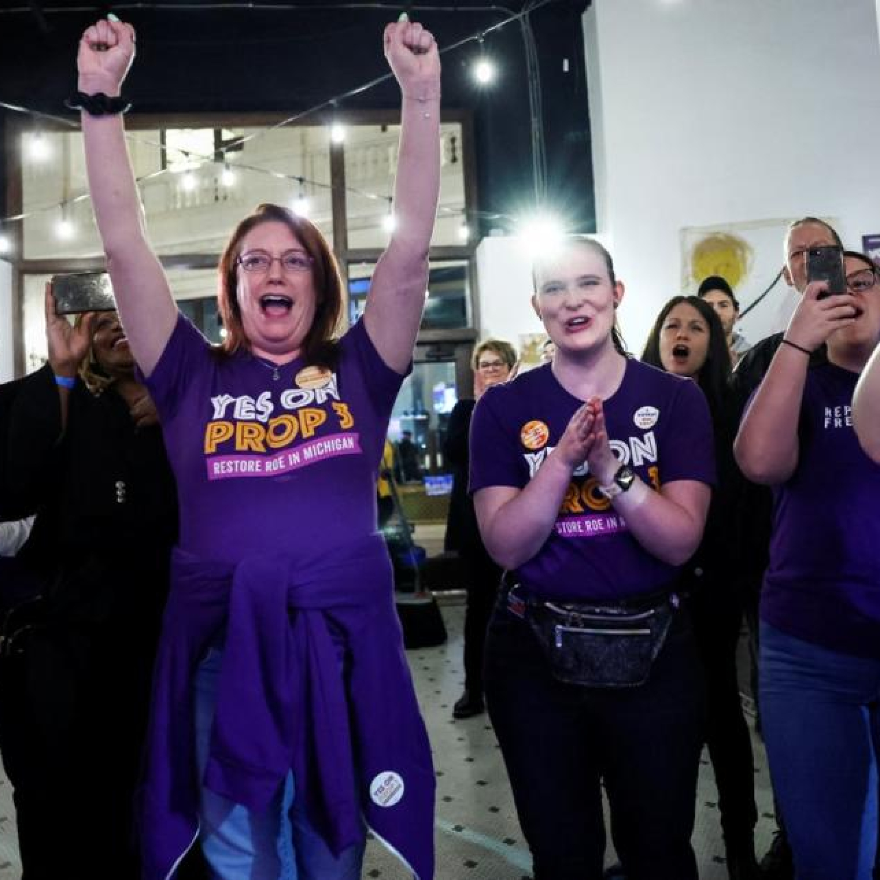 A supporter takes a selfie with Governor Gavin Newsom of California, one of five states to vote in support of abortion rights during the US midterm elections