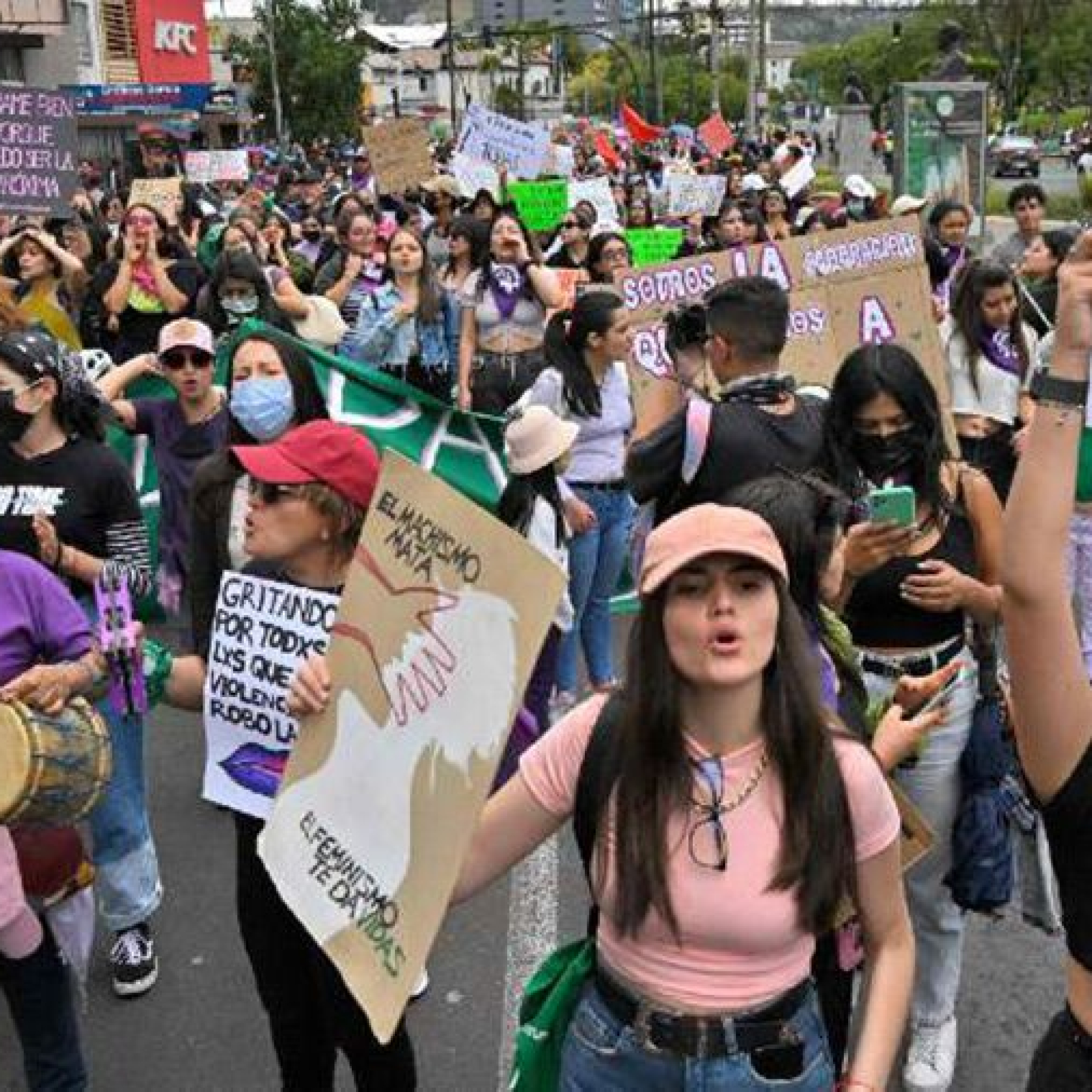 A woman participates in a march against gender violence in Quito, Ecuador.