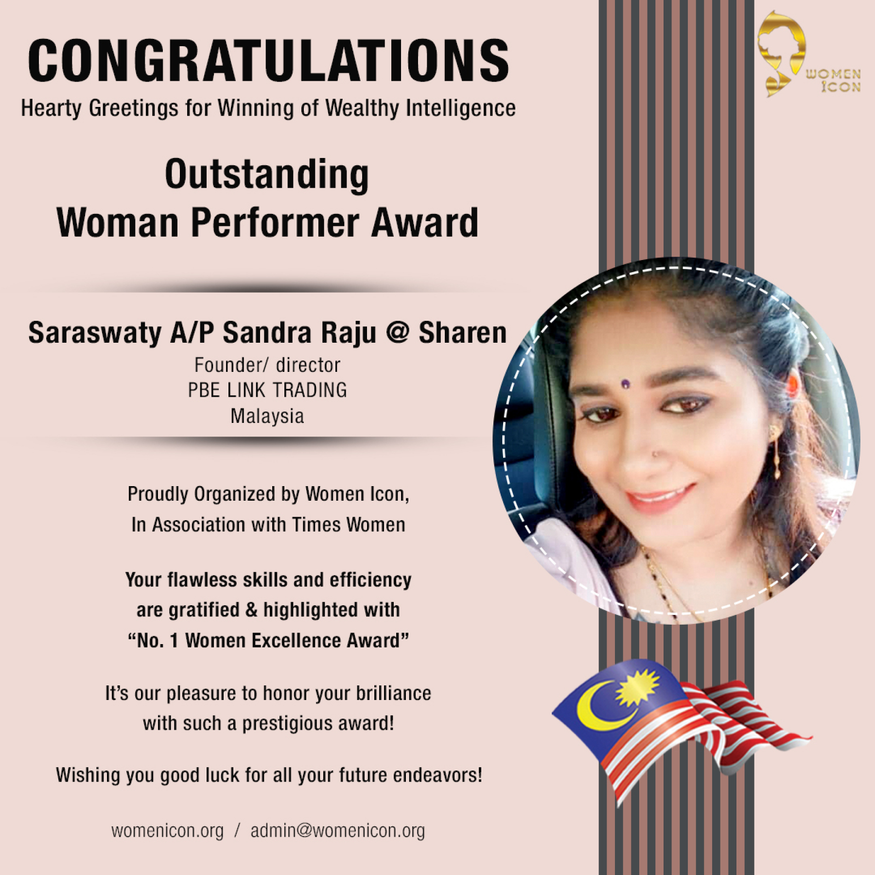 Saraswaty A/P Sandra Raju @ Sharen Has bagged Outstanding Woman Performer Award