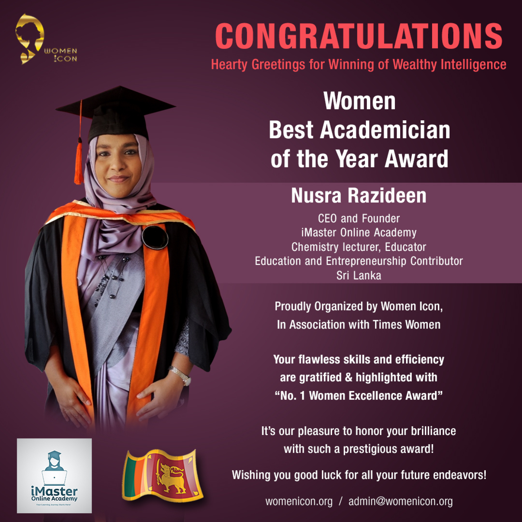 Nusra Razideen Has won Women Best Academician of the Year Award