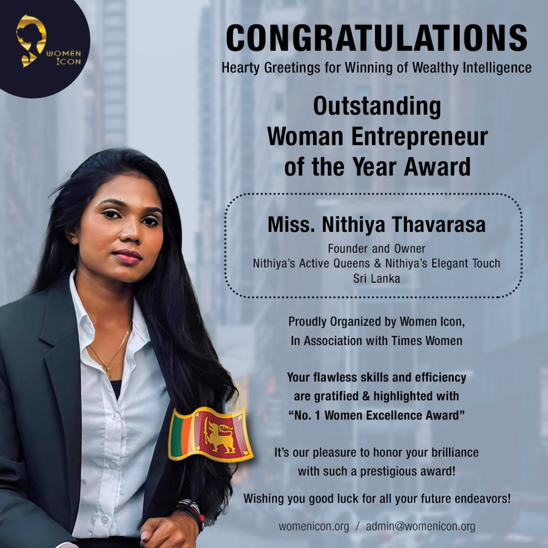 Miss.Nithiya Thavarasa Has Won Outstanding Woman Entrepreneur of the Year Award