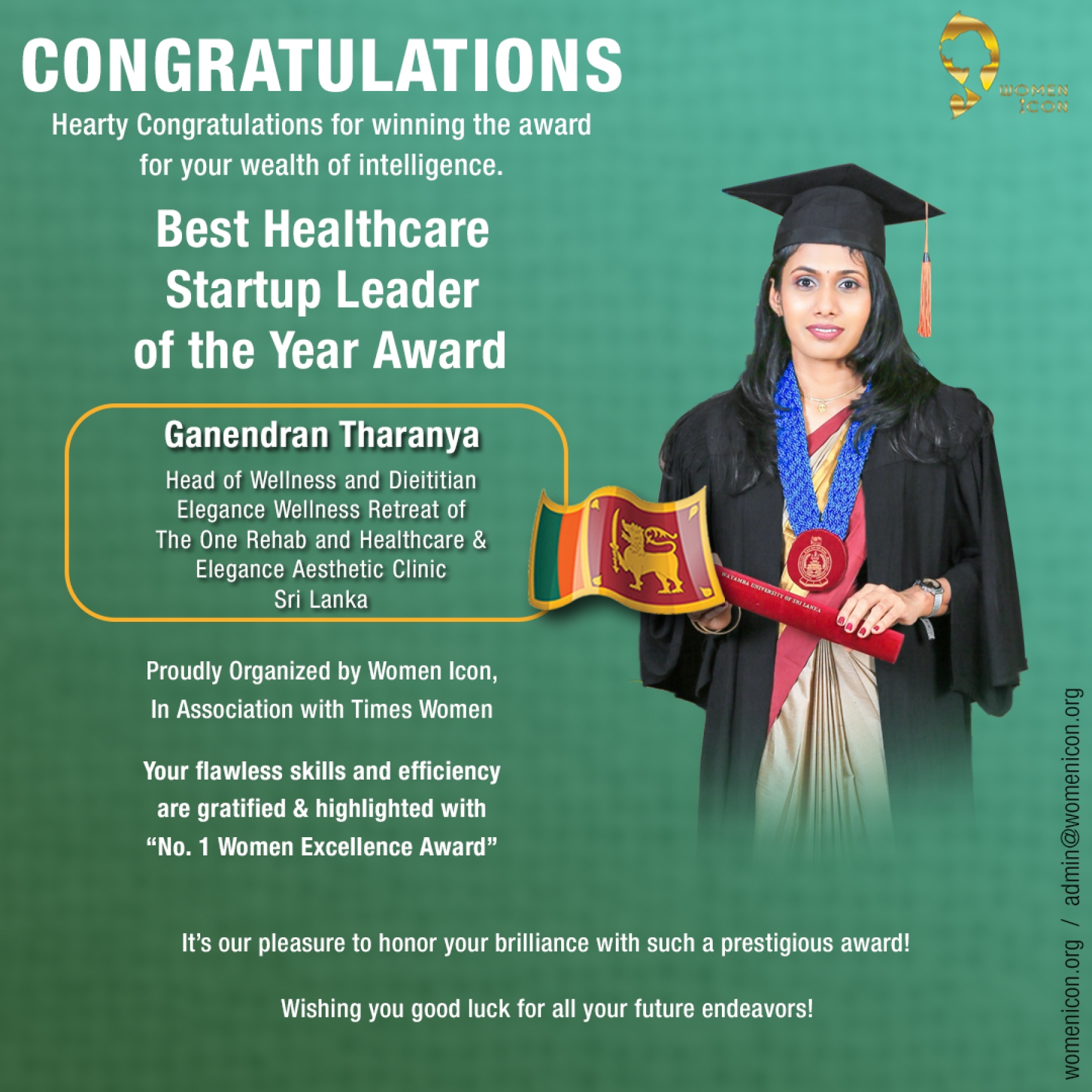 Ganendran Tharanya has won Best Healthcare Startup Leader of the Year Award