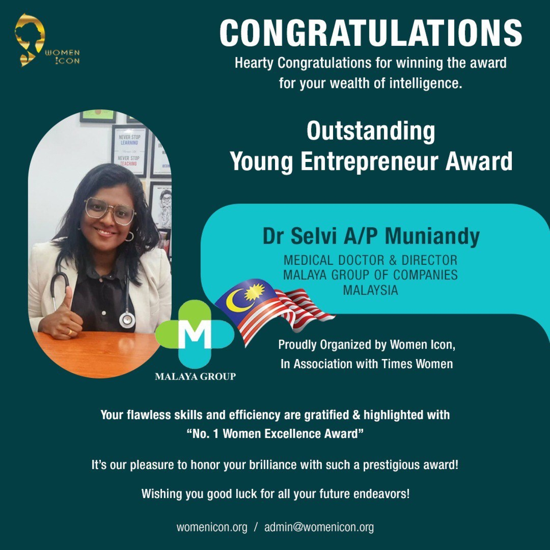 DR SELVI A/P MUNIANDY has won Outstanding Young Entrepreneur Award