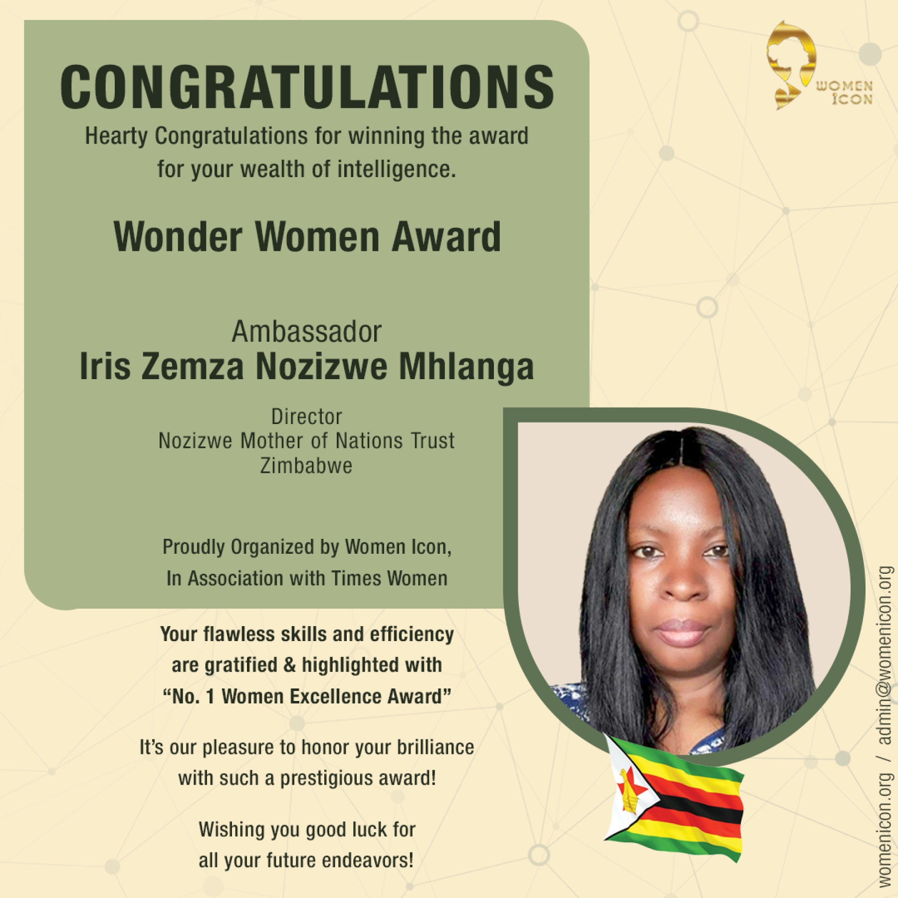 Ambassador Iris Zemza Nozizwe Mhlanga has won Wonder Women Award