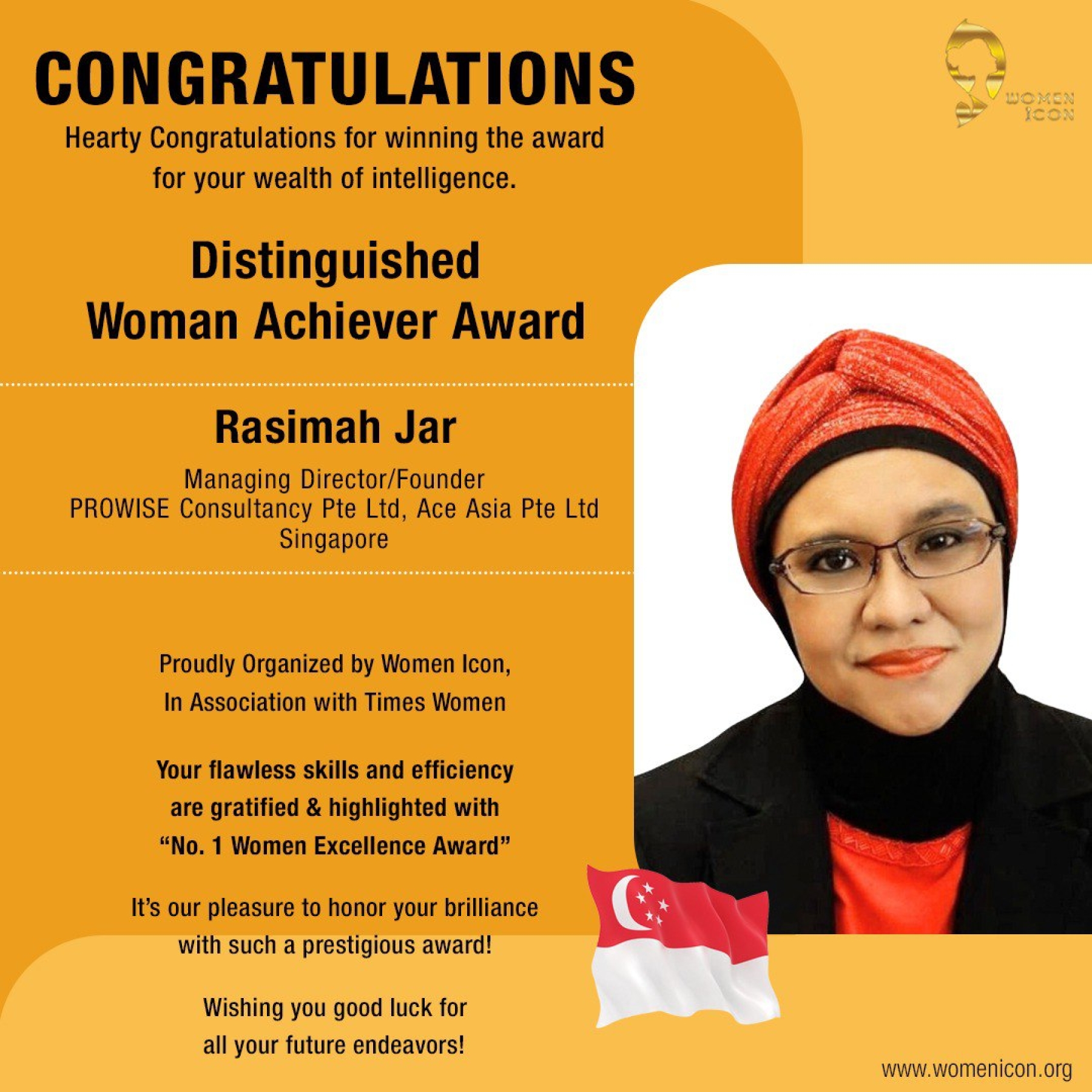 Rasimah Jar has won Distinguished Woman Achiever Award