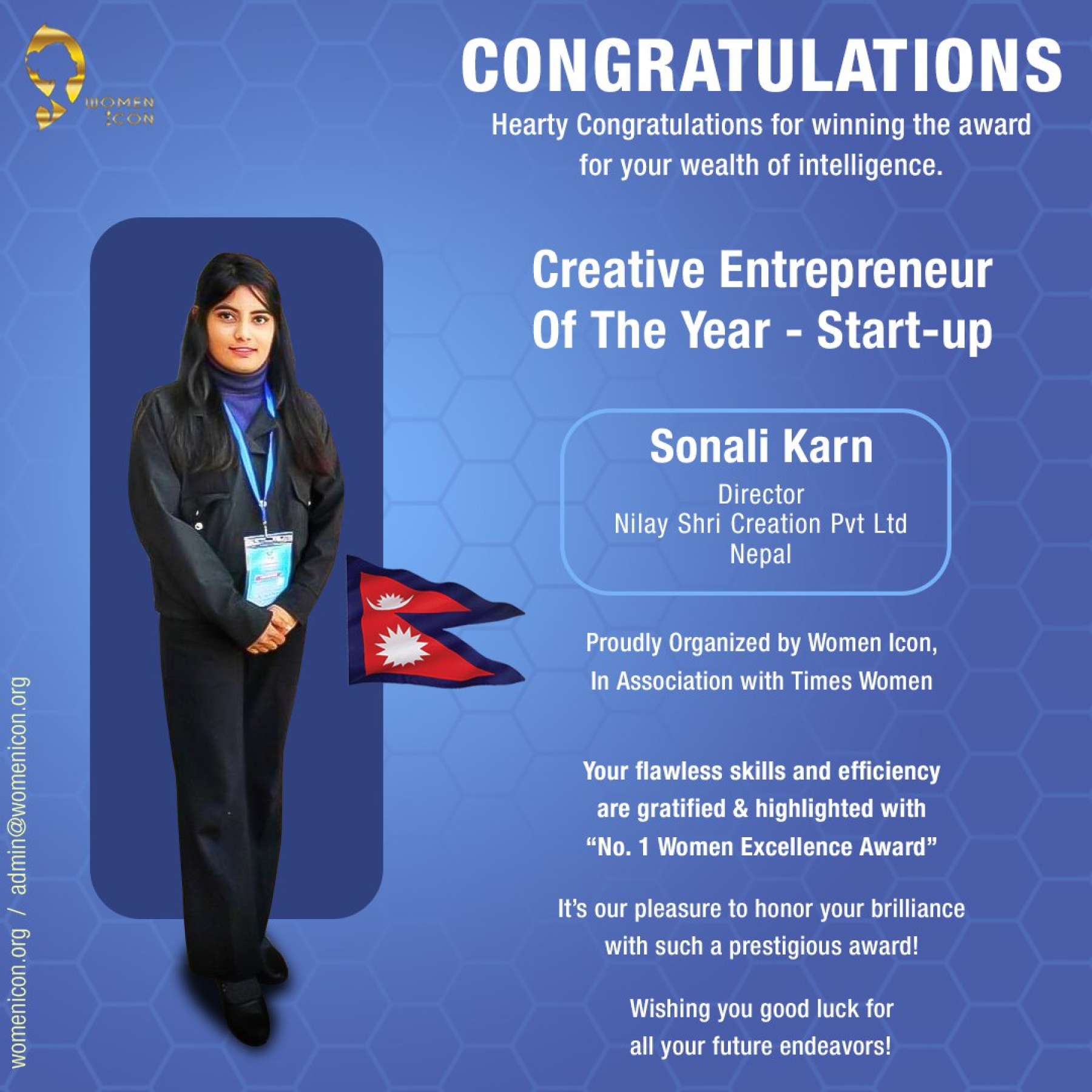 Sonali Karn has won Creative Entrepreneur Of The Year Start up
