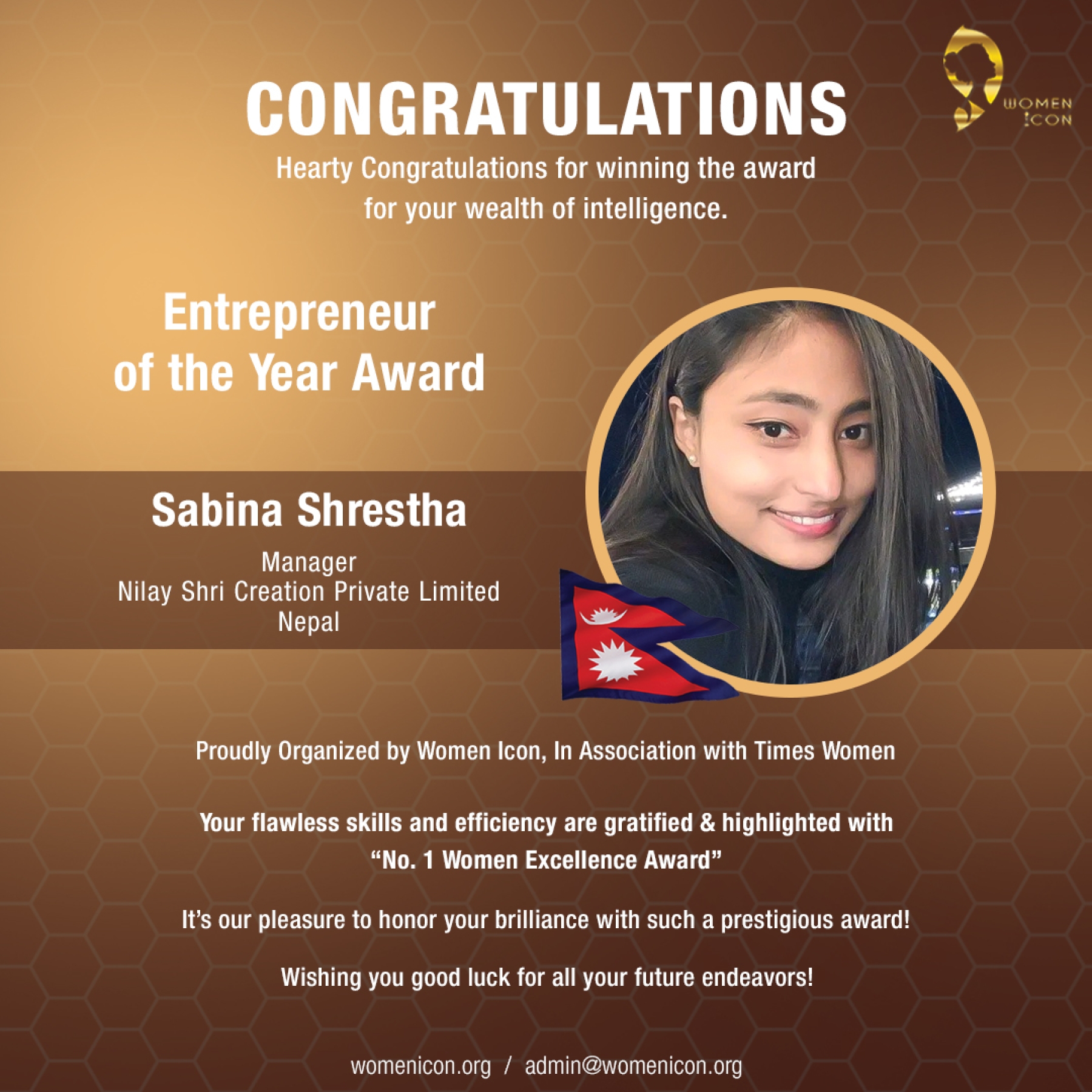 Sabina Shrestha has won Entrepreneur of the Year Award